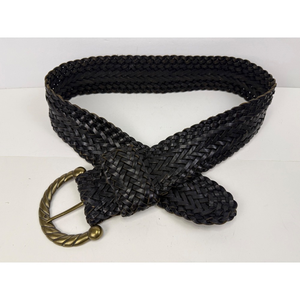 Club Monaco Dark Black Braided Leather Belt Wide Brass Rope Buckle VTG